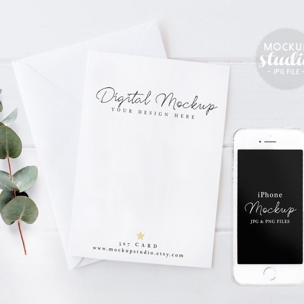 Carta e iPhone Mockup, Clear Mockup, Ast Card Mockup, Carta 5x7 e busta bianca, (iPhoneCard)