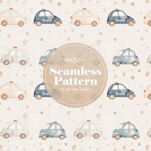 Könnte beinhalten: Ein nahtloses Muster mit Aquarellillustrationen von Spielzeugautos in Creme, Blau und Grau, durchsetzt mit Sternen. Einige Autos sind mit "POLICE" gekennzeichnet. Der Text "Seamless Pattern by Mockup Studio" befindet sich in einem Kreis.