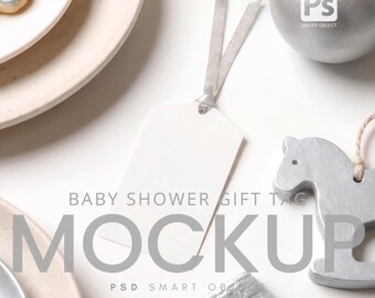 Étiquette vierge avec maquette de ruban gris : modèle PSD d'étiquette-cadeau pour baby shower (2 x 3,5 pouces)