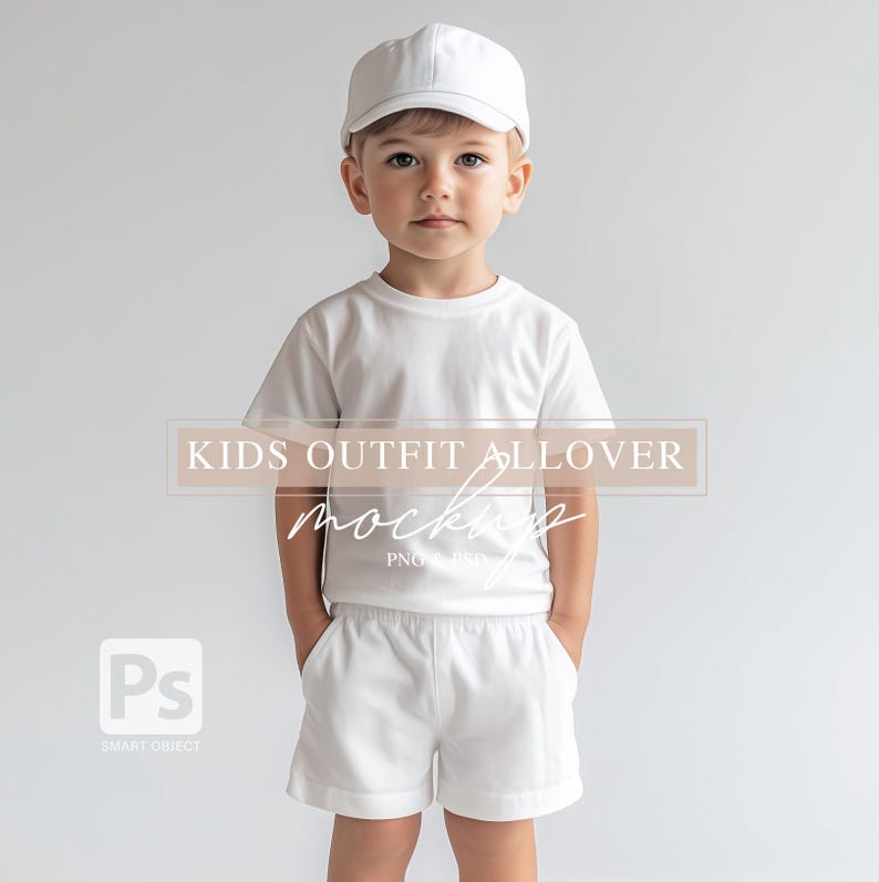 May include: A white t-shirt and white shorts with a white baseball cap on a child model.  KIDS OUTFIT ALLOVER MOCKUP PNG PSD is written on the image.