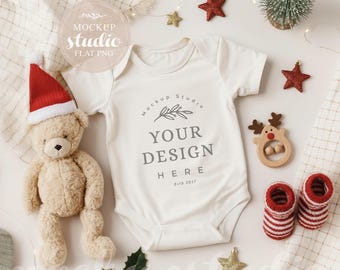 Neutral Baby Bodysuit Christmas Mockup: Flat Lay Design (PNG Digital Download)