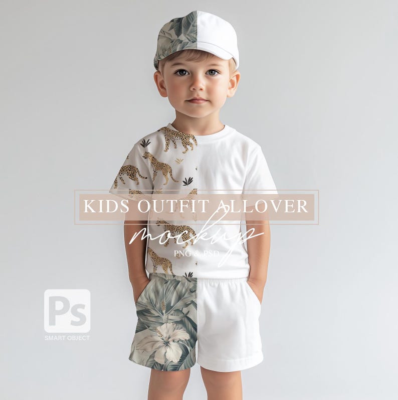 May include: A white t-shirt with a leopard print design on the left side and white shorts with a floral print on the left side. The child is wearing a white and green patterned baseball cap.