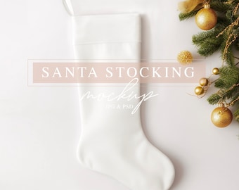 Christmas Stocking Mockup, Drawstring White Blank Santa Stocking Bag, PSD smart object, Santa Stocking Mock-up