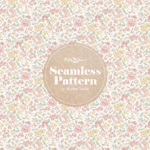 May include: A seamless floral pattern featuring small pink, yellow, and green flowers on a cream background. The design includes the text "Seamless Pattern" within a circular frame, with the text "by Mockup Studio" below.