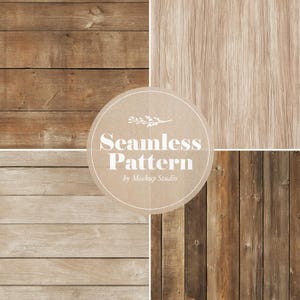 May include: A collage of four different wood textures. The textures include light and dark brown planks, and a light beige wood grain. A circular graphic in the center reads "Seamless Pattern by Mockup Studio."