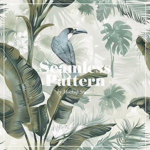 Modello senza cuciture di uccelli tropicali, stampa digitale di foglie esotiche della giungla, design di carta da parati, artigianato di arredamento per la casa