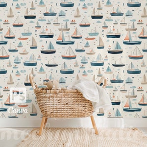 May include: A white wallpaper with a repeating pattern of blue and orange sailboats. The wallpaper is in a room with a wicker basket and a stuffed animal.