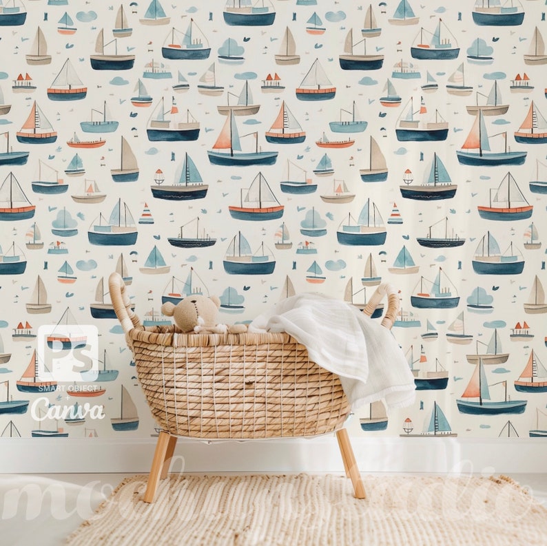 May include: A white wallpaper with a repeating pattern of blue and orange sailboats. The wallpaper is in a room with a wicker basket and a stuffed animal.