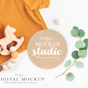 Wood Sign Baby Mockup, Wood Round Mockup Baby, Smart Object Mock-up, Baby Monthly Milestone Mockups, Baby Sign Name Mockup