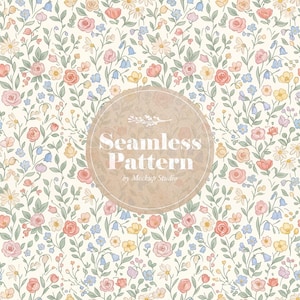 May include: A seamless floral pattern featuring a cream background with a dense arrangement of roses, daisies, and other flowers in shades of pink, peach, yellow, and blue. The text "Seamless Pattern" is displayed in a circular design.