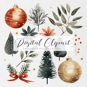Christmas Clipart, Scandinavian Clipart Minimalist, Free Commercial Use, Watercolor Festive Clipart Bundle, Christmas Matching Clipart