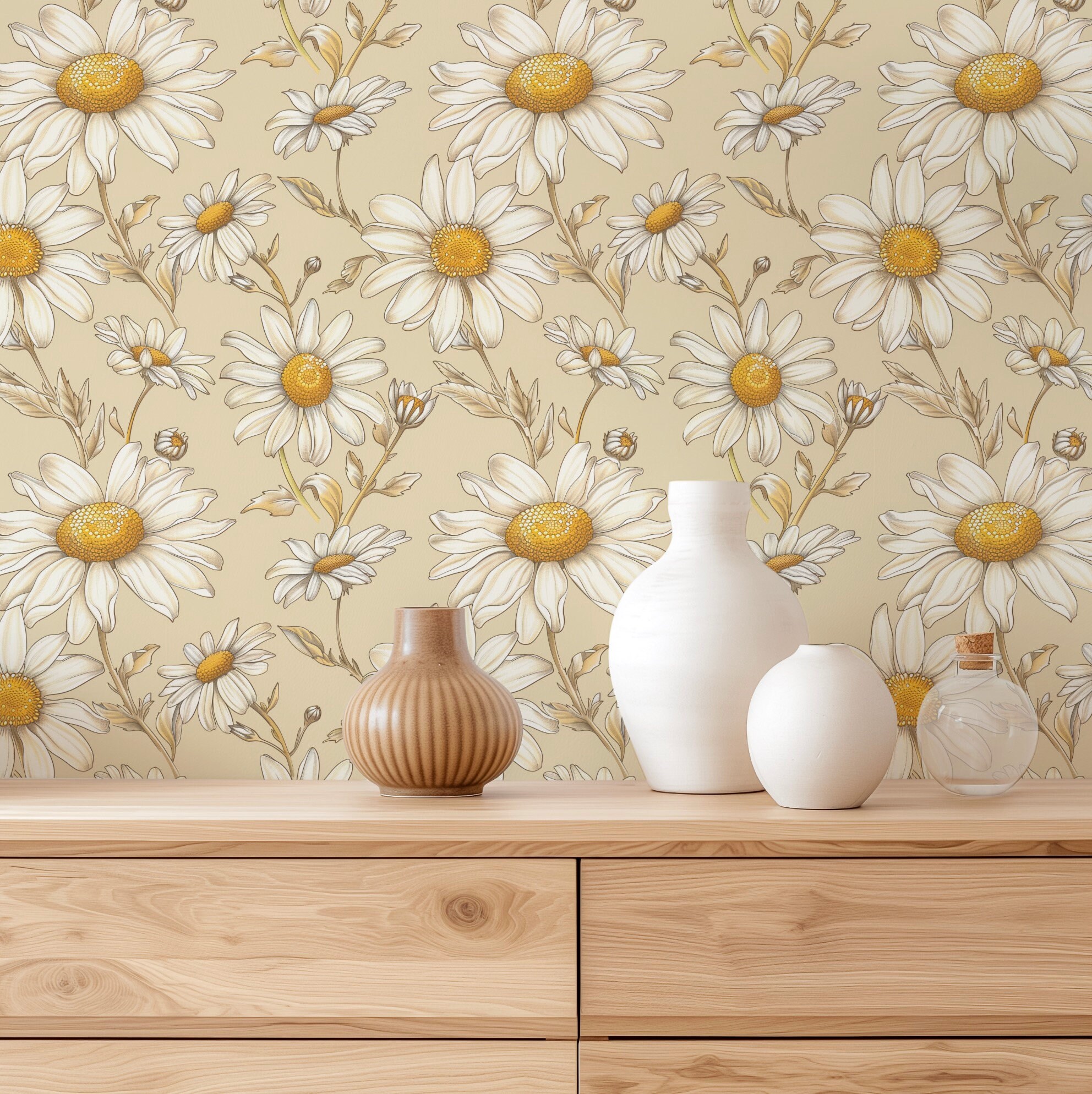 Vintage Daisy Flowers Seamless Digital Paper, Beige Floral