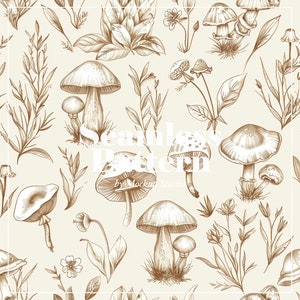 Vintage motif champignon botanique, conception de la nature dessinée à la main, tons naturels répétant sans couture PNG, art numérique inspiré de la forêt