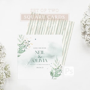 MAQUETA DE CONJUNTO DE DOS TARJETAS CUADRADAS, Invitación de boda retro y sobre Kraft, Maqueta de objeto inteligente PSD