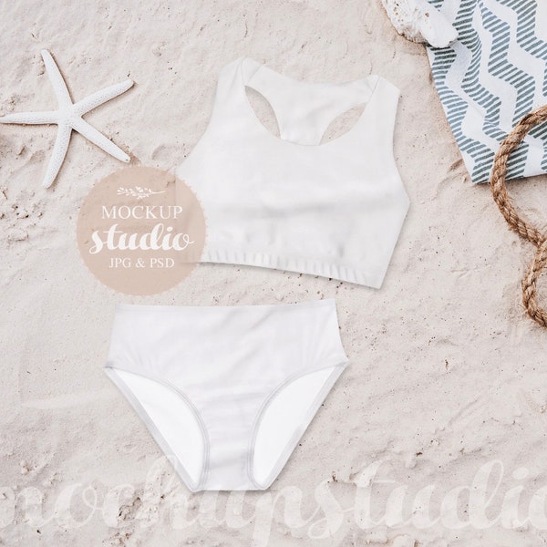 Kids White Two-Piece Swimwear Mockup, Digital Download, Children's Swimsuit Display PSD Mockup, Sublimation Design Template, Summer Apparel