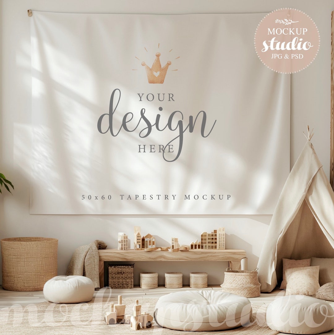Playroom Wall Tapestry Kids Mockup PSD Smart Object, Landscape Tapestry