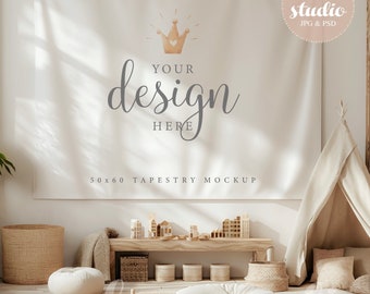 Playroom Wall Tapestry Kids Mockup PSD smart object, Landscape Tapestry Nursery Wall Decor Mock-up, Boho Tapestry Mock up