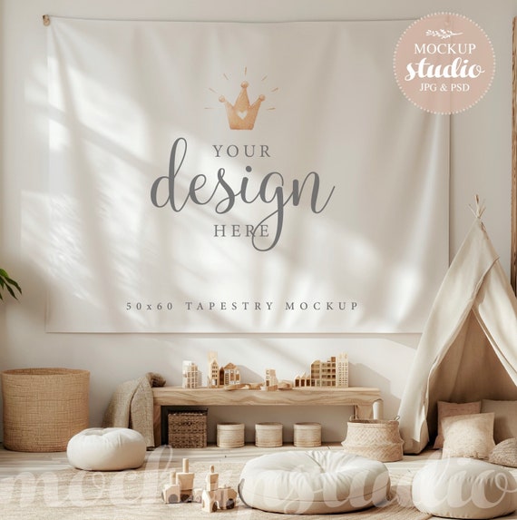 Playroom Wall Tapestry Kids Mockup PSD Smart Object Landscape Tapestry Nursery Wall Decor Mock up Boho Tapestry Mock Up Etsy