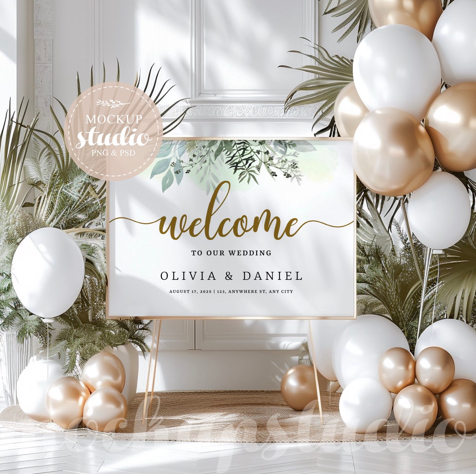 Elegant Welcome Sign Mockup, Neutral Tones and Balloon Decor (digital ...