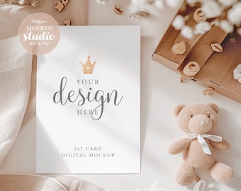 Gender Neutral Baby Shower Mock-up, Card PSD Mockup, Boho Baby Card Mock up, Birthday Invitation Natural Tones Mockup