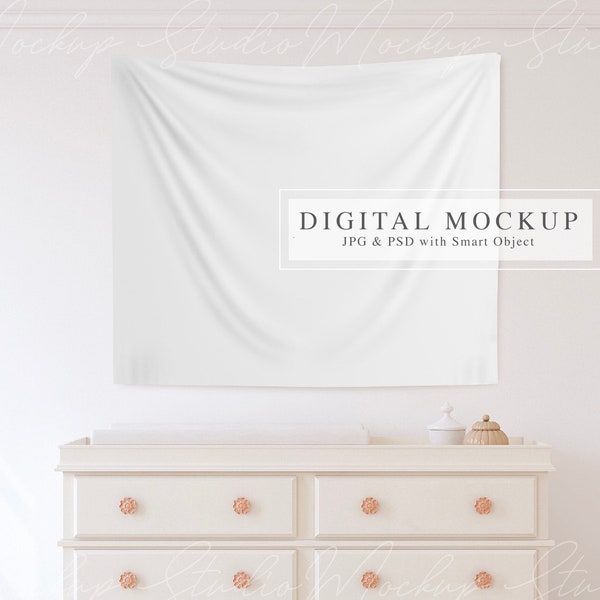 Nursery Tapestry Mockup, PSD Smart Object Mockup, Cream Tones Tapestry Mockup, Boho Nursery Scene Mockup, Kids Tapestry Mockup