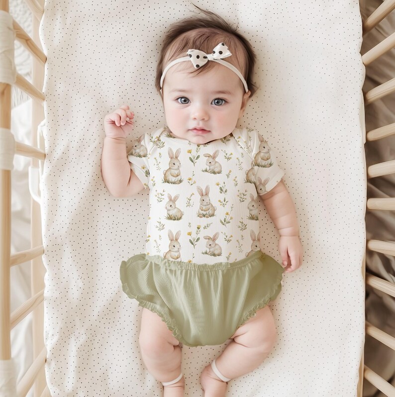 Peut inclure: Un body pour b&eacute;b&eacute; avec un imprim&eacute; de lapins et de fleurs, associ&eacute; &agrave; une culotte &agrave; volants verte. Le b&eacute;b&eacute; porte un bandeau blanc avec un n&oelig;ud &agrave; pois noirs, couch&eacute; dans un lit b&eacute;b&eacute; en bois avec un drap &agrave; pois.