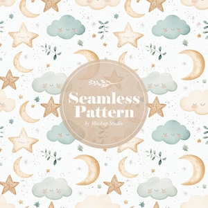 Baby und Kinderzimmer Thema nahtlose digitale Muster, niedliche Sterne, Wolken und Mond Motive, weiche Pastelltöne perfekt für Baby Stoffe und Dekore