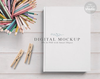 Notebook Kids Mockup, Kids Journal Mockup, Hardcover Memory Book Mockup, Hard Backed Journal Flat Lay Mock-Up, PSD Smart Object Kids Mockup