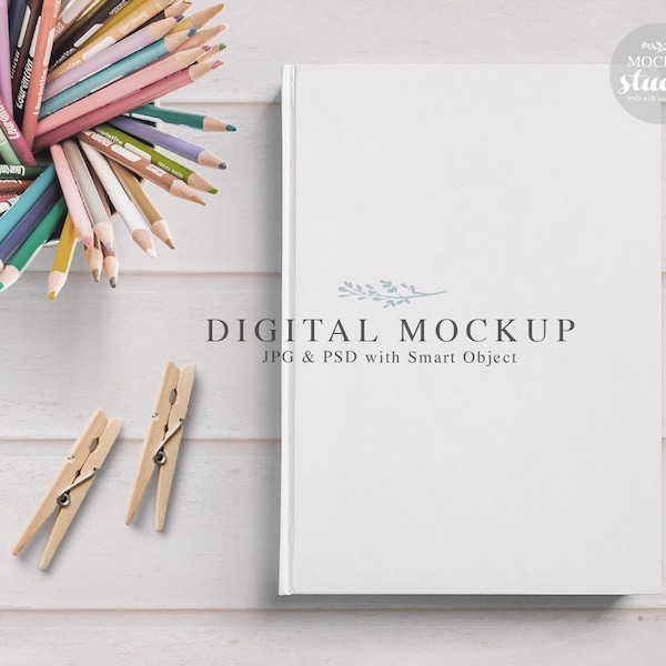 Notebook Kids Mockup, Kids Journal Mockup, Hardcover Memory Book Mockup, Hard Backed Journal Flat Lay Mock-Up, PSD Smart Object Kids Mockup