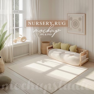 May include: A white nursery rug mockup in a room with a white wooden floor, a white couch with green pillows, a window with white curtains, and a framed print on the wall. The text "NURSERY RUG MOCKUP JPG & PSD" is displayed on the image.