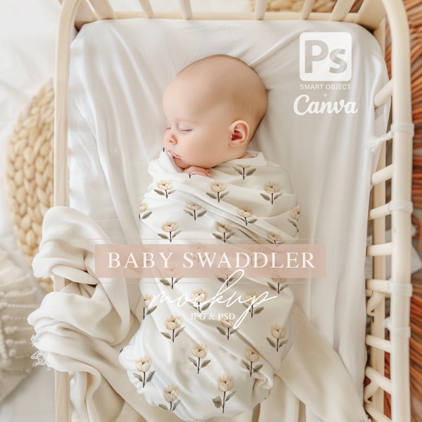 Baby Swaddle Mockup, Neutral Tones Nursery Bedding Digital PSD smart object, Newborn Blanket Photo Prop Download