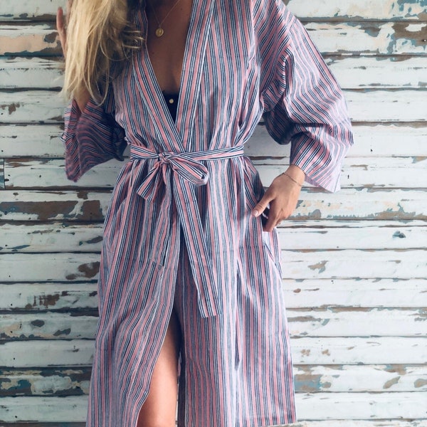 Kiyomi Candy Stripe 100% Cotton  Kimono Robe, Unisex, Length: 106cm, Wedding, Home, Sleepwear, Boho