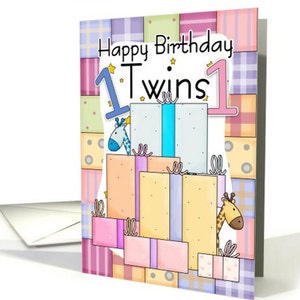 Twins First Birthday Card - Giraffe's y paquetes de regalo, regalos y diversión, linda tarjeta para gemelos 1er cumpleaños