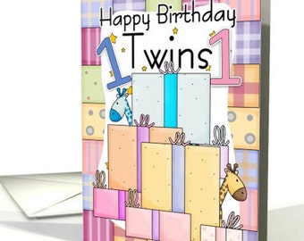 Twins First Birthday Card - Giraffe's and gift parcels, presents and fun, cute card for twins 1st birthday