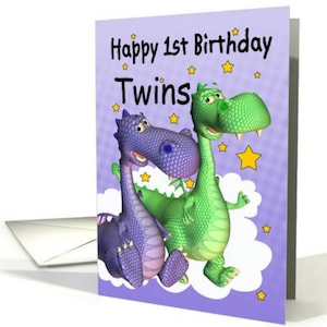 Cartão de primeiro aniversário de gêmeos - Dois pequenos dragões, dragão roxo, dragão verde, cartão de gêmeos -5x7
