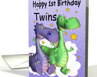 Twins First Birthday Card - Two Little Dragons, Purple Dragon, Green Dragon, Twins Card -5x7