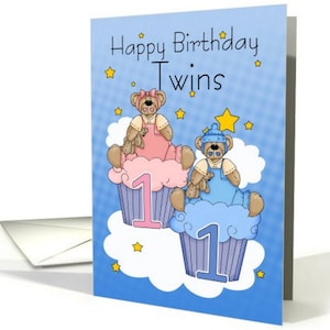 Première carte d’anniversaire jumeaux - deux petite porte carte - petit ours et les petits gâteaux, ours rose, ours bleu
