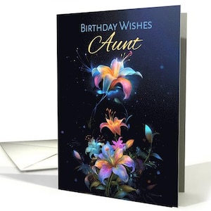 Tante Verjaardagswensen met fractal bloemen op donkerblauwe melanges kaart 5 x 7 Pro-karton en envelop
