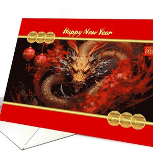 Nouvel An chinois avec peinture de dragon d'or et carte de pièces d'or 5x7 papier cartonné pro et enveloppe - pas de paillettes pas de feuille pas d'or, effets