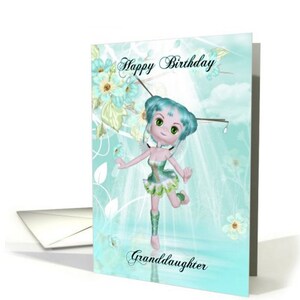kleindochter, cute Fairy, verjaardag wenskaart, Aqua kleuren, pretty Fairy dansen in lichte reays
