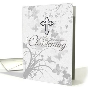Tarjeta de felicitación de bautizo, remolinos elegantes, escena de la iglesia, floral, tres variaciones para las tarjetas de bautizo, bautizo