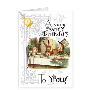 Alice, Alice anniversaire carte de voeux-Mad Hatter Tea Party-un-anniversaire pour vous-aussi, lapin, lézard de facture et chenille