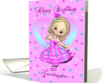 May include: A pink birthday card with a cartoon girl in a pink and blue polka dot dress. The card has a heart shape with blue and white polka dots and the text "Happy Birthday Granddaughter".