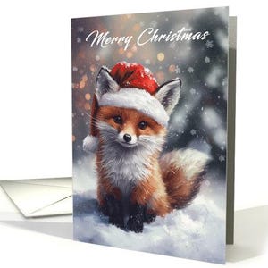 Volpe che indossa un cappello da Babbo Natale e tiene in mano un pezzo di agrifoglio Buon Natale biglietto di auguri 5x7 cartoncino professionale e busta