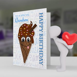 Grandson Ice Cream Birthday Greeting card - Brother, Cousin, Any Name, Uncle, Nephew
