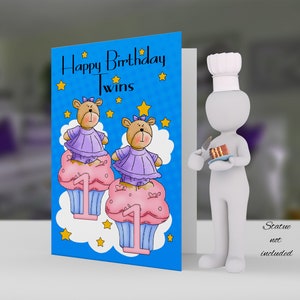 Zwillinge Mädchen erste Geburtstagskarte - zwei kleine Bären Karte - kleine Bären und Cupcakes - 5 x 7