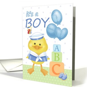Pato niño - Nuevo bebé - Es una chica / I'ts un niño - globos, bloques, tarjeta Desdiguera