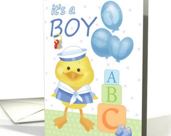 Little boy Duck - New Baby - It's A Girl / I'ts a Boy - Balloons, Blocks, Rattle card