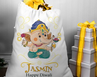 May include: White drawstring gift bag with a colorful illustration of Ganesha, a Hindu deity, and the text "JASMINE Happy Diwali".