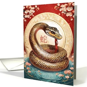 Cartão do Ano Novo Chinês da Cobra com Flores e uma Cobra Grande, Cartão 5x7 papel cartão profissional, sem ouro, sem glitter ou papel alumínio